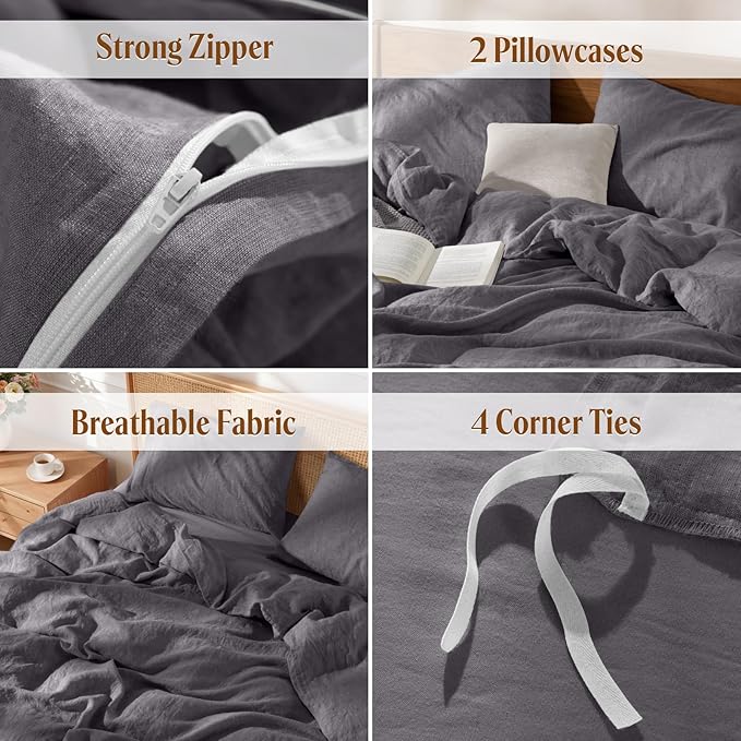 LBRO2M 100% France Linen Duvet Cover Set Queen Size 3 Pcs Natural Flax - Image 5