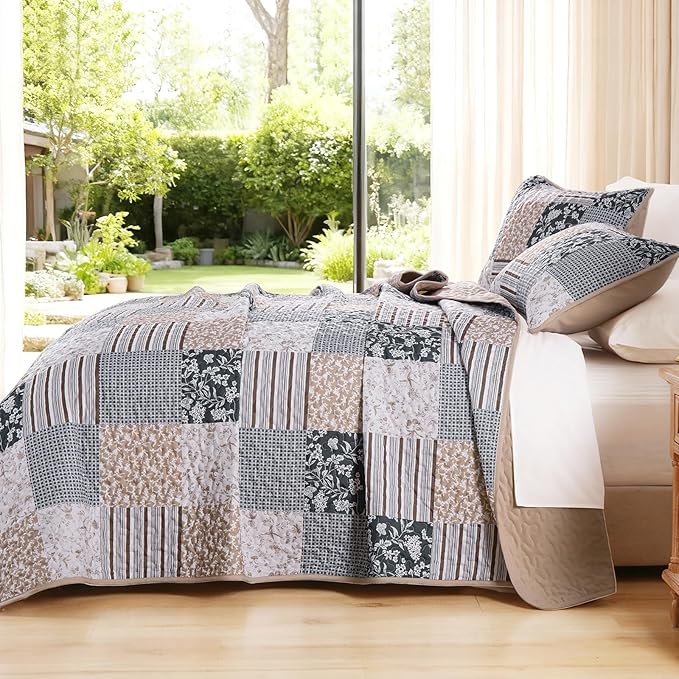 Mybedsoul Patchwork Quilt Set King Size, 3 Pieces Blue Brown Floral Plaid - Image 3