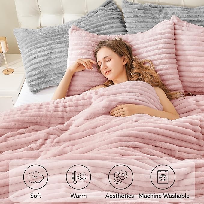 BEDELITE Fleece Oversized Queen Comforter Set -Super Soft & Warm Fluffy Pink - Image 3