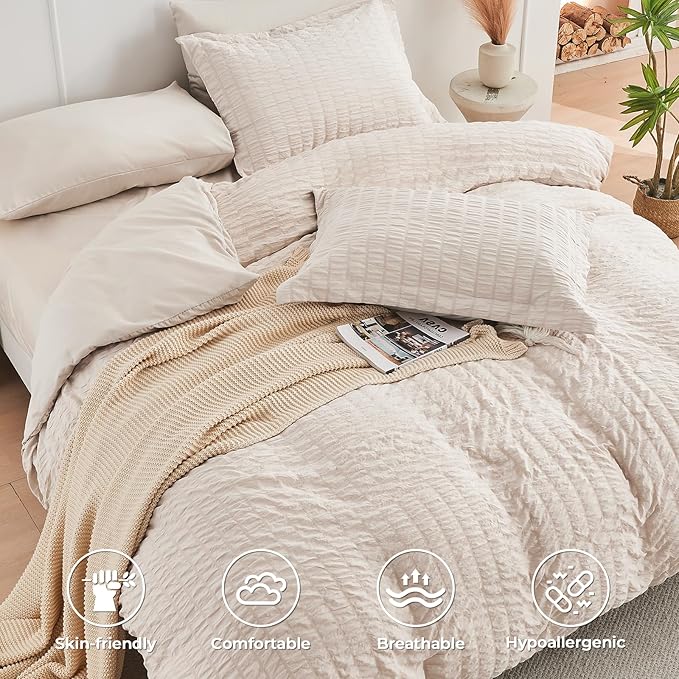 HYMOKEGE Beige Oversized Queen Comforter Set Seersucker 7 Pieces, All Season - Image 4