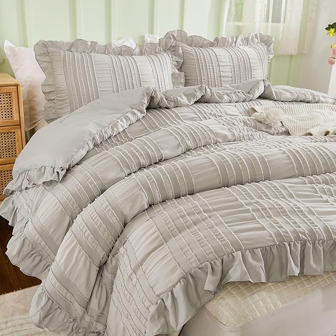 WONGS BEDDING Grey Textured Comforter Set Queen, 3 Pieces Ruffle Farmhouse - Image 5