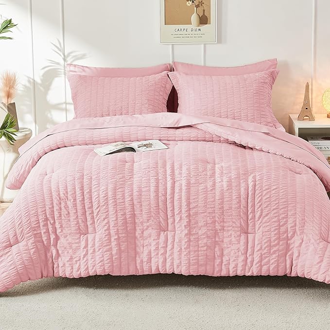 HYMOKEGE Pink Twin Comforter Set Seersucker 5 Pieces, All Season Luxury Bed in - Image 9