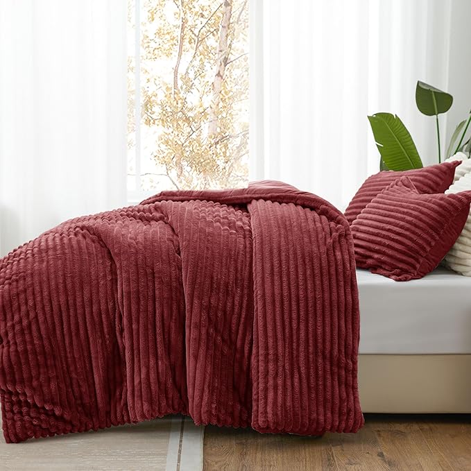 BEDELITE Fleece Full Comforter Set -Super Soft & Warm Fluffy Burgundy Bedding - Image 2