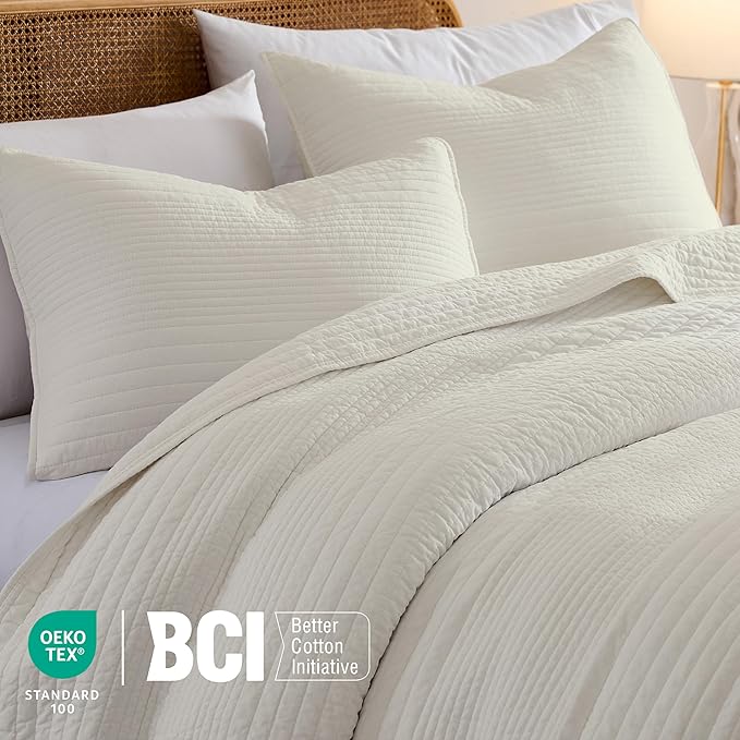palassio Striped Beige 100% Cotton Quilt Twin Size Bedding Sets, Lightweight - Image 3