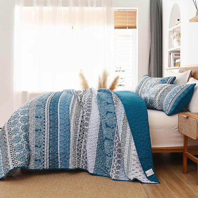 WONGS BEDDING Boho Quilt Set Queen Size, Teal Blue Bohemian 3 Pieces Quilt Sets - Image 4