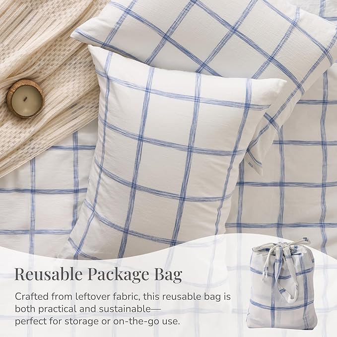 Blue Plaid Duvet Cover King, 100% Soft Washed Cotton King Size Duvet Cover Set - Image 6