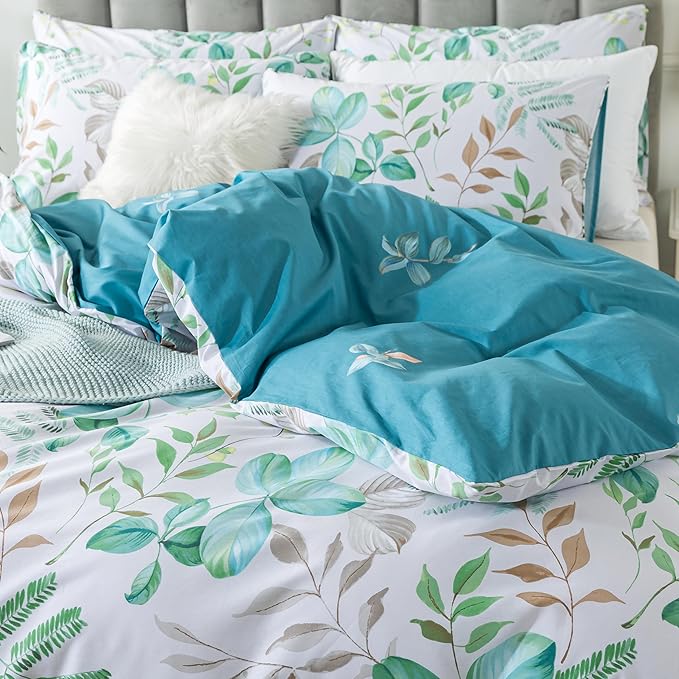 FADFAY Botanical Duvet Cover Set Twin XL 100% Cotton College Bedding Teal Green - Image 9