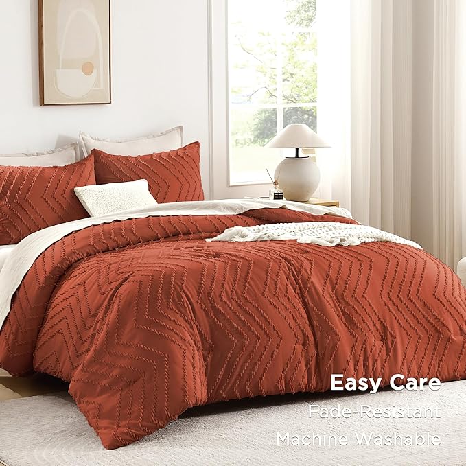 Andency Burnt Orange Comforter for Queen Size Bed, Boho Terracotta Soft Warm - Image 3