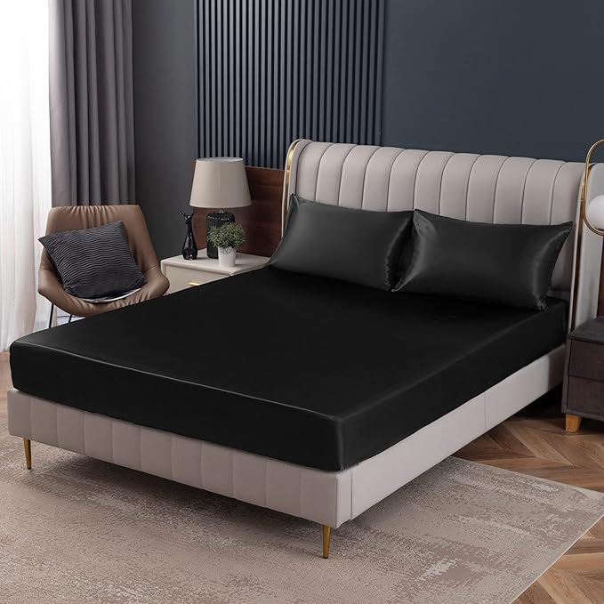Homiest Black Satin Fitted Sheet Queen Size, Deep Pocket, Luxury & Ultra Soft by Homiest