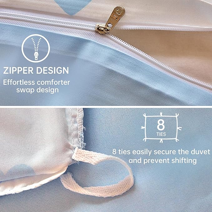 BOLINLIVING Cute Duvet Cover Queen Size, Reversible Light Blue & White Heart - Image 6