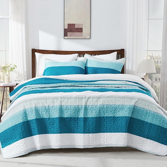 Andency Teal White Quilt Twin, 2 Pieces Patchwork Bedspread Coverlet Set - Image 8