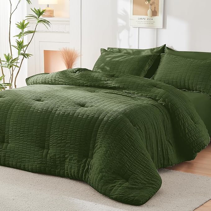 HYMOKEGE Olive Green Full Size Comforter Sets Seersucker 7 Pieces, All Season - Image 8
