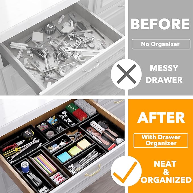 SpaceAid 14-Piece Bamboo Drawer Organizer Storage Boxes Set, Wood Tray Junk Drawer Organizers Multi-Use Divider Bins for Kitchen, Bathroom, Office Desk and Makeup Organization (14 Pack, Black)-DeskoryOffice