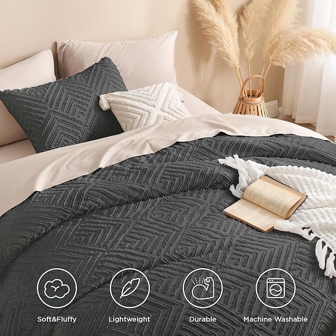 Andency Dark Grey Comforter Set Queen, 3 Pieces Tufted Farmhouse Shabby Chic - Image 4