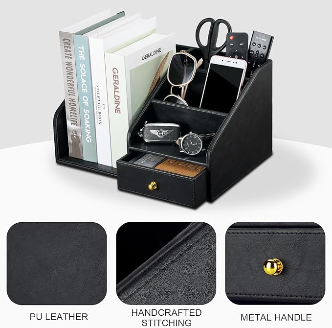 KINGFOM PU Leather Desk Organizer, Multifunction 6 Compartment Desk Organizers and Accessories for Office Supplies, Pen Pencil Holder/Book Mail Organizer Holder for Desk with Drawer(Black)-DeskoryOffice