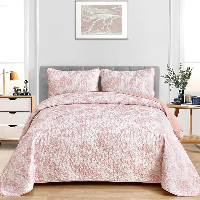 WONGS BEDDING Quilt Set King Size, 3 Pieces Pink Floral Plants Printed - Image 2