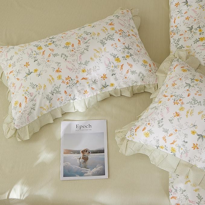 mixinni 100% Cotton Duvet Cover Set King, Reversible Spring Floral Ruffle Green - Image 6