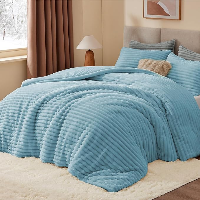 BEDELITE Fleece King Comforter Set -Super Soft & Warm Fluffy Light Blue Bedding - Image 3