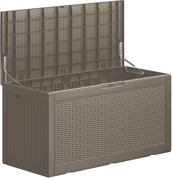 100 Gallon Outdoor Storage Box Waterproof Lockable Resin Deck Box Large, Patio Storage Bin for Pool Accessories Cushion Furniture, Garden Tools, UV-Resistant Outside Delivery Grey-DeskoryOffice