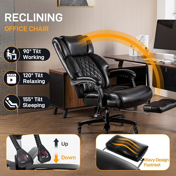 500 LBS Big and Tall Office Chair with Foot Rest High Back Recline Ergonomic Chair for Heavy People, Executive Office Chair Comfortable for Home Office, Large Computer Desk Chair Black-DeskoryOffice