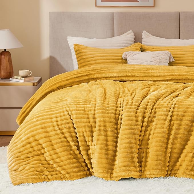 BEDELITE Fleece Queen Comforter Set -Super Soft & Warm Fluffy Mustard Yellow by BEDELITE