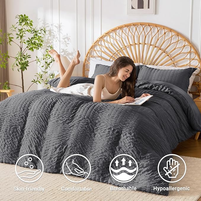 HYMOKEGE Dark Grey Duvet Cover King Size, Ultra Soft 3-Piece Seersucker Duvet - Image 2