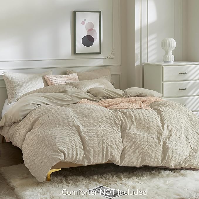 JELLYMONI Light Khaki Duvet Cover King Size, Soft Breathable Seersucker Duvet - Image 3