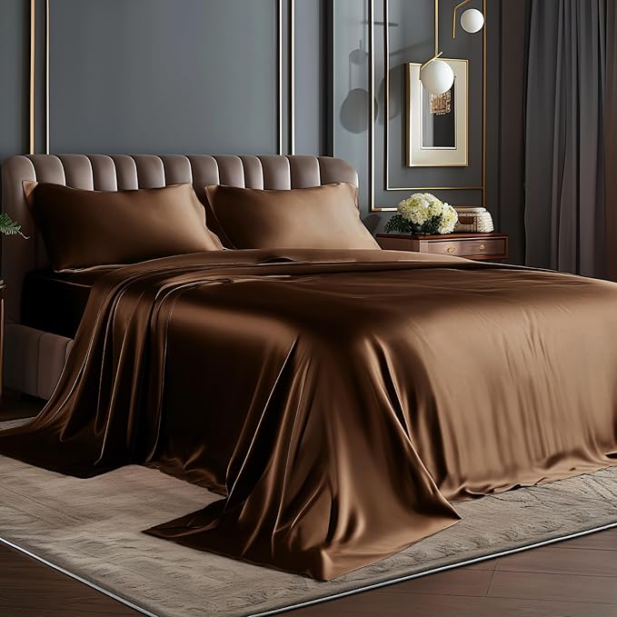 BEDELITE Satin Sheets Twin Size Bed Set, Luxury Soft Brown Silky Sheets by BEDELITE