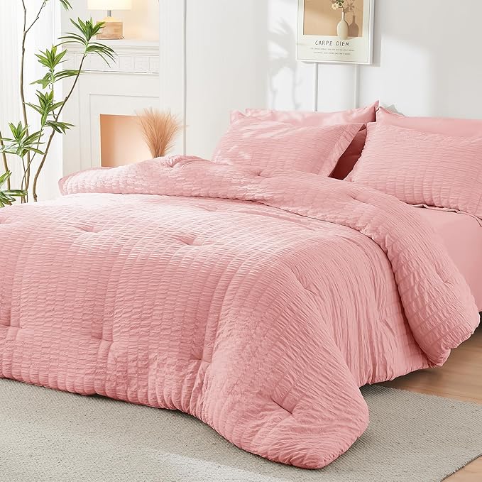 HYMOKEGE Rose Pink Twin Comforter Set Seersucker 5 Pieces, All Season Luxury - Image 7