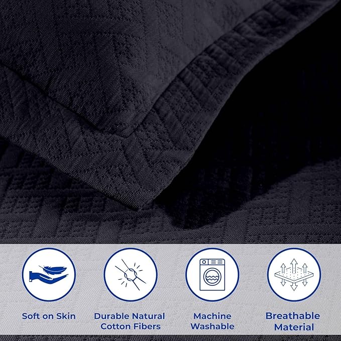 Superior 3 Piece Basketweave Cotton Bedspread Set, Home Bed Decor, Decorative Bed Spread, 2 Pillow Shams, Medium Weight Blanket, Matelasse Coverlet Bedding, Geometric Lattice Pattern, Full, Navy Blue