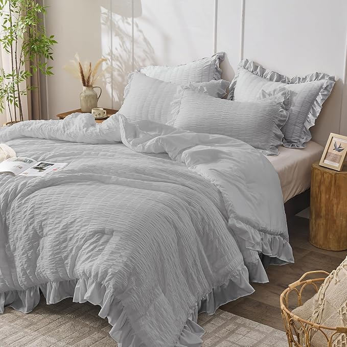 JOLLYVOGUE Light Grey Comforter Full Size, 3 Pieces Seersucker Lightweight Full - Image 2