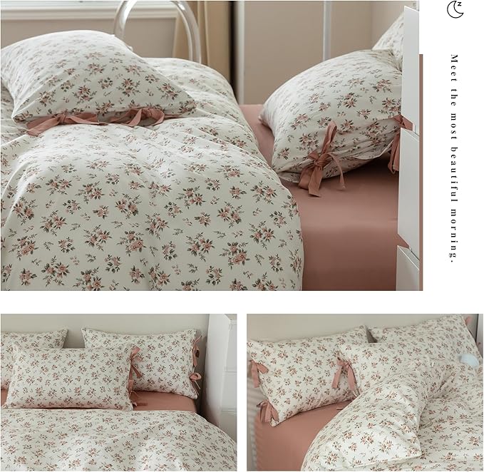mixinni Vintage Style Girls Pale Pink Flower Pattern Duvet Cover Full Soft - Image 7