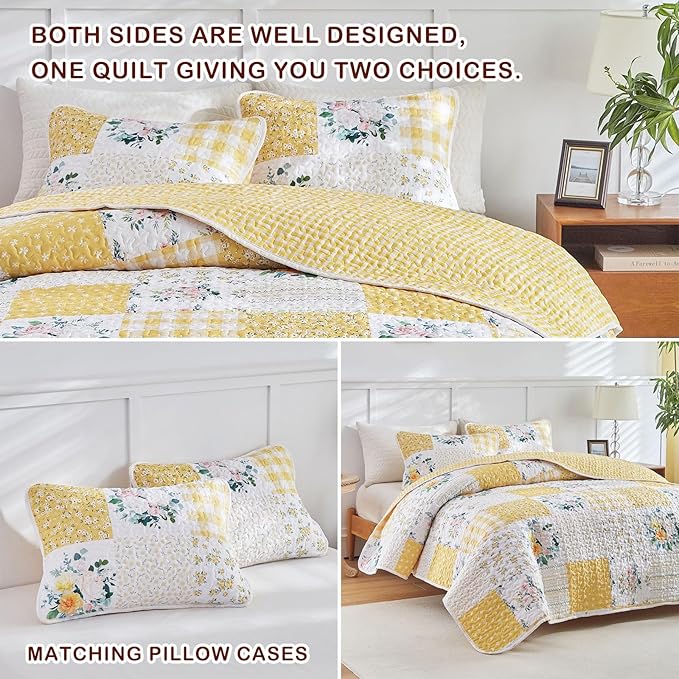 Joyreap 3 Pieces Floral Patchwork Quilt Set Queen, Soft n Cozy Microfiber Quilt - Image 6