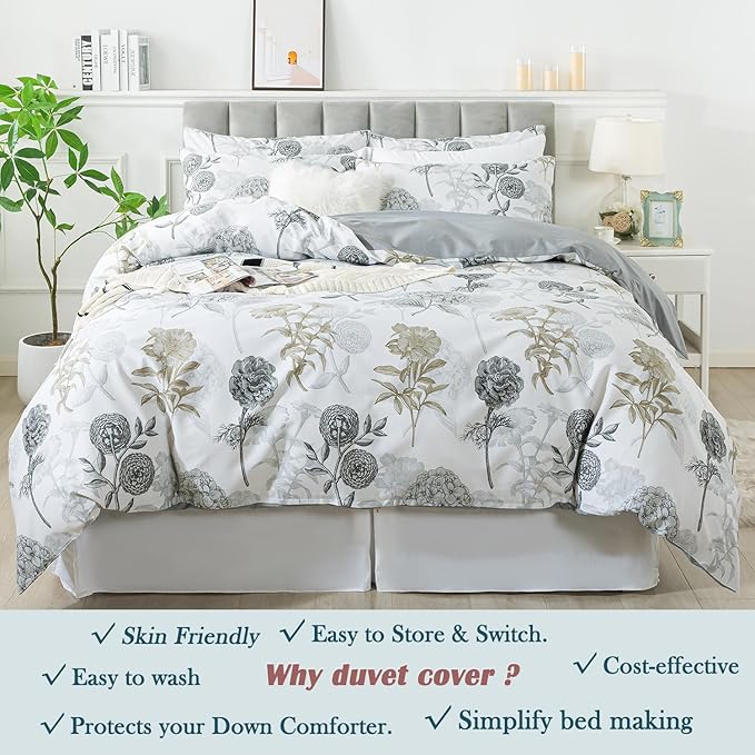 FADFAY Floral Duvet Cover Sets King/Cal King 100% Cotton Ink Grey Vintage - Image 7