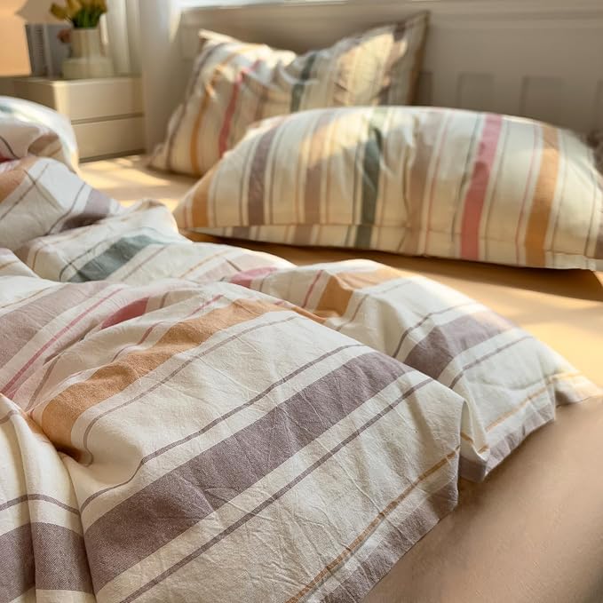 mixinni Vintage Striped Duvet Cover Set Twin Size, 3-Piece 100% Washed Cotton - Image 6