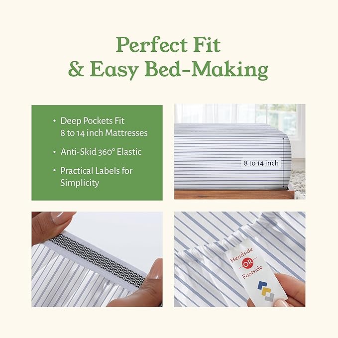 California Design Den Blue Stripe Sheets, 100% Organic Cotton Percale Sheets - Image 6