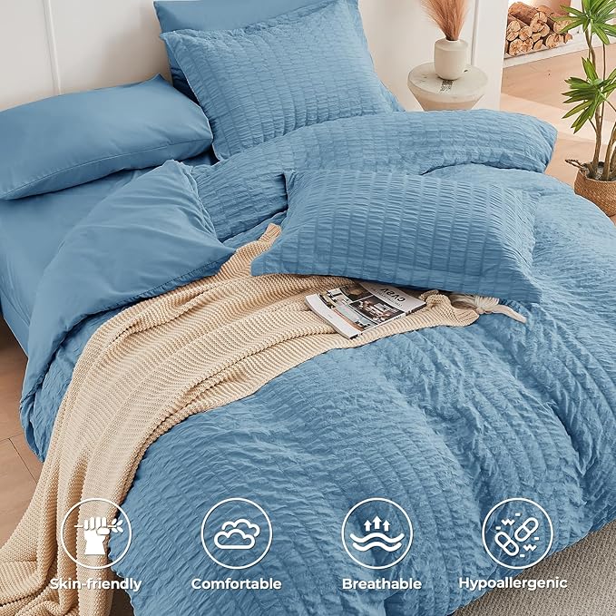 HYMOKEGE Mineral Blue Twin XL Comforter Set Seersucker 5 Pieces, All Season - Image 3