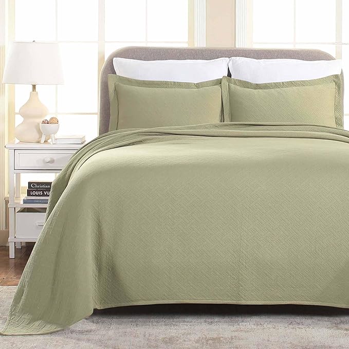 Superior 3 Piece Basketweave Cotton Bedspread Set, Home Bed Decor, Decorative Bed Spread, 2 Pillow Shams, Medium Weight Blanket, Matelasse Coverlet Bedding, Geometric Lattice Pattern, Queen, Sage