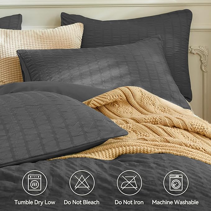 JELLYMONI Charcoal Grey Duvet Cover Queen Size, Soft Breathable Seersucker - Image 4