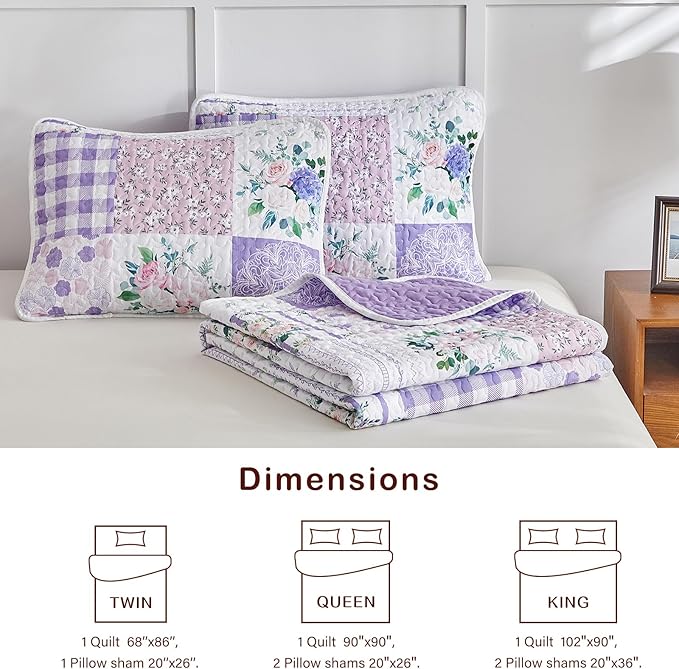 Joyreap 3 Pieces Floral Quilt Set Queen, Patchwork Purple n Pink Flowers Design - Image 7