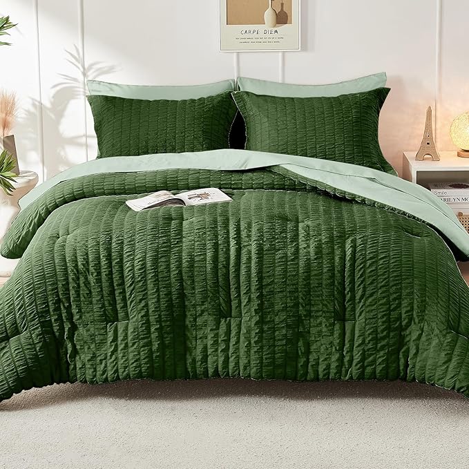 HYMOKEGE Dark Green/Sage Green Queen Comforter Set Seersucker 7 Pieces - Image 9