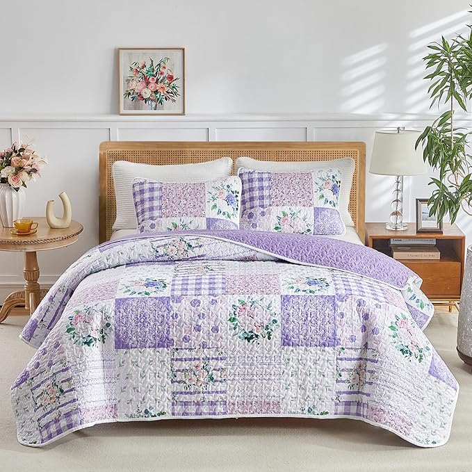 Joyreap 2 Pieces Floral Quilt Set Twin, Patchwork Purple n Pink Flowers Design by Joyreap