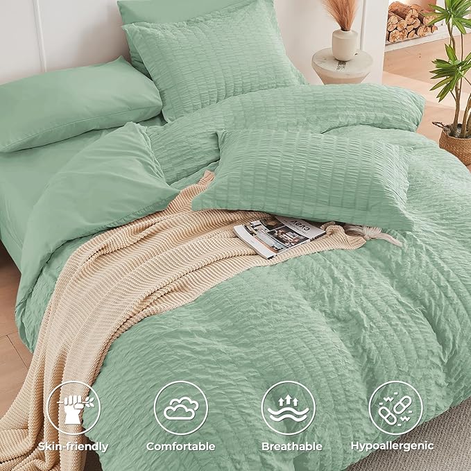 HYMOKEGE Sage Green Full Size Comforter Sets Seersucker 7 Pieces, All Season - Image 3