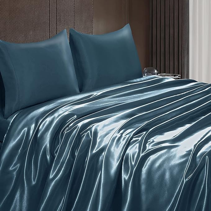 Homiest Deep Sea Blue Satin Queen Bedding Set, Luxury & Ultra Soft Top & Flat - Image 6