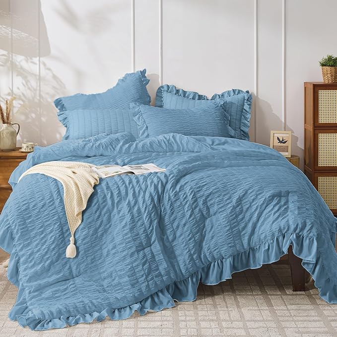 JOLLYVOGUE Full Size Comforter, 3 Pieces Sea Blue Seersucker Lightweight Full by JOLLYVOGUE