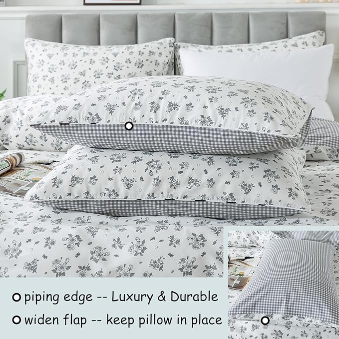 FADFAY Floral Duvet Cover Set King/Cal King Size 100% Cotton Grey White Flower - Image 4