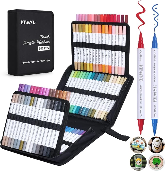 100 Colors Brush & Fine Tip Acrylic Paint Pens, Dual Tip Acrylic Paint Markers for Paper, Wood, Canvas, Stone, Rock, Glass, Fabric, DIY, Ceramic, Art Supplies for Kids and Adults Drawing-DeskoryOffice