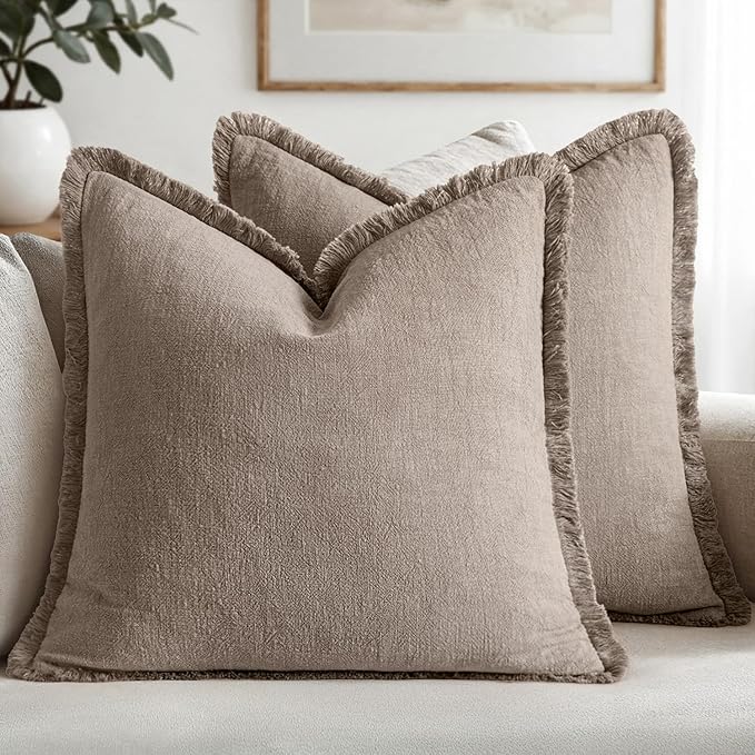 MIULEE Decorative Throw Pillow Covers Neutral Linen Fringe Throw Pillows Set of by MIULEE