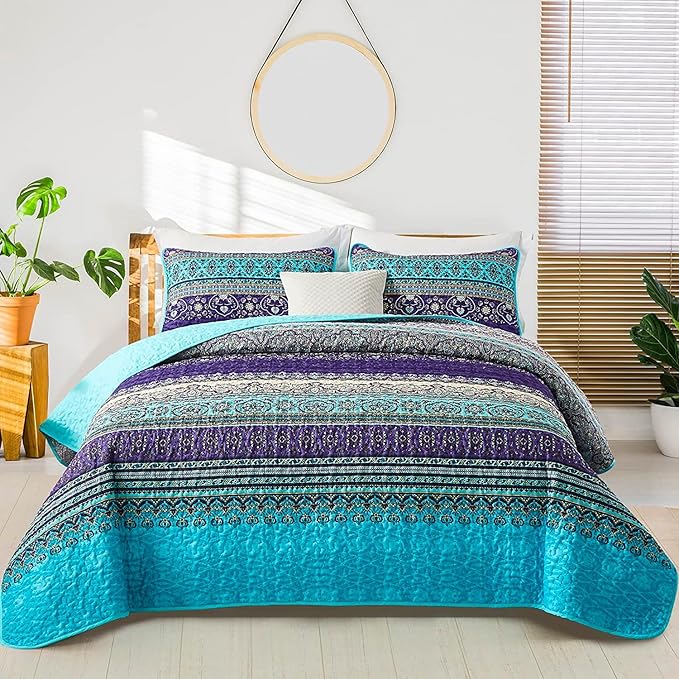 WONGS BEDDING Boho Quilt Set California King, Lightweight Microfiber Bed Decor by WONGSBEDDING