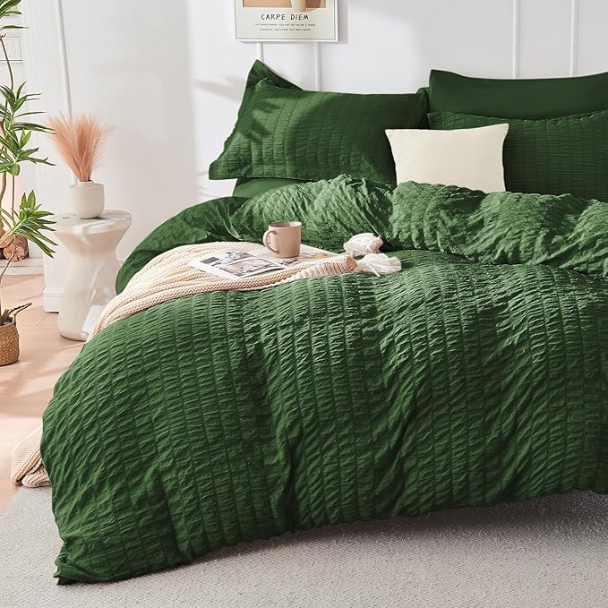 HYMOKEGE Dark Green Twin Comforter Set Seersucker 5 Pieces, All Season Luxury - Image 2